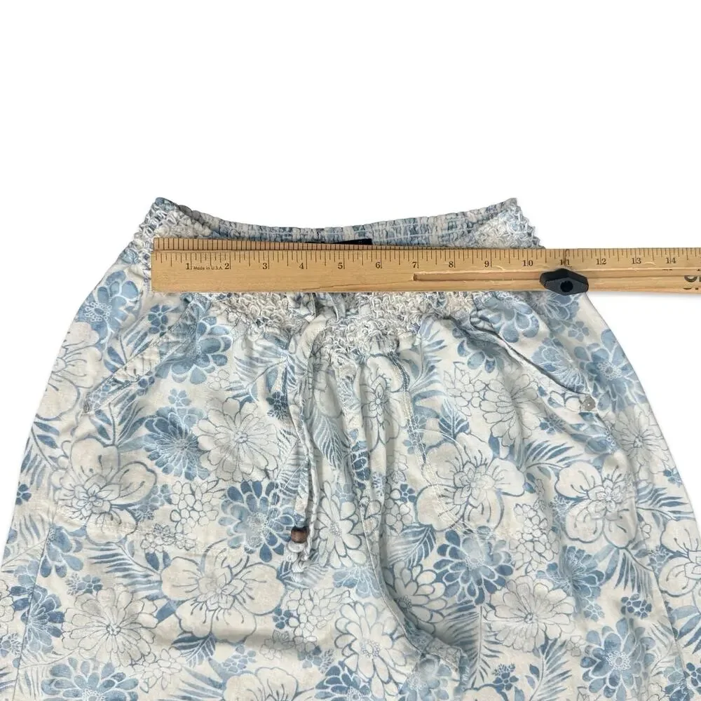 Beau Dawson Blue White Floral Linen Blend Wide Leg Tie Front Pants size L 10 12